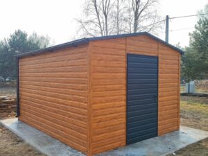 Gartenhaus Gerätehaus Holzoptik Goldeiche Giebelgarage Blech Einflügeltür Graphit
