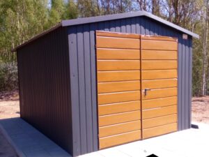 Metall-Pendelgarage, Anthrazit-Graphit, Einzelgarage, Tor Holzoptik, Goldeiche, zweiflügelig