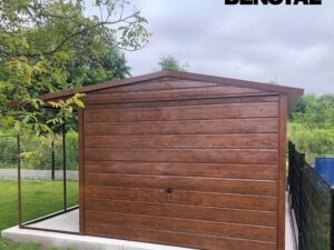 Metallgarage mit Vordach, Satteldach, Holzart Goldeiche, Flügeltor