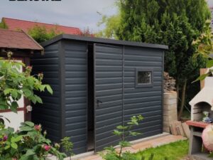 Blechgarage Gartenhaus Gerätehaus Anthrazit Graphit Heckschräge Einflügeltür Fenster