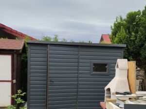 Blechgarage Gartenhaus Gerätehaus Anthrazit Graphit Heckschräge Einflügeltür Fenster
