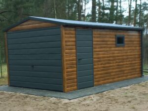 Blechgarage, einzelner Giebel, holzähnliche goldene Eiche, Flügeltor, Graphittür