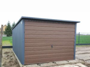 Blechgarage, Einzelwagenblech, Rückwärtsneigung, Graphit, Flügeltor, holzähnlicher Nussbaum
