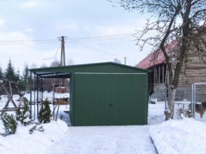 Blechgarage mit Vordach, Dach, grün, Giebel, Schwingtor