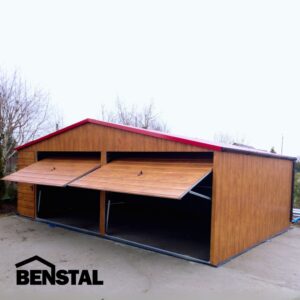 Doppelgarage aus Blech, Holzart Goldeiche, Satteldach, Flügeltor