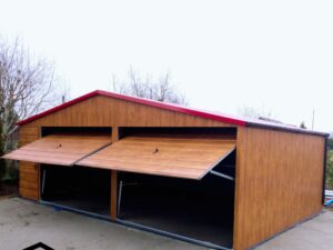 Doppelgarage aus Blech, Holzart Goldeiche, Satteldach, Flügeltor