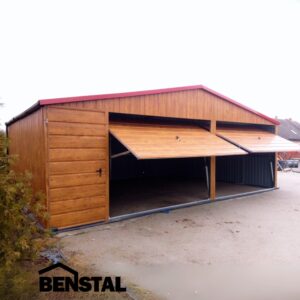 Doppelgarage aus Blech, Holzart Goldeiche, Satteldach, Flügeltor