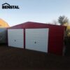 Doppelgarage aus Metall, rot, Giebel, Schwingtor, weiß