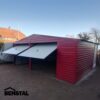 Doppelgarage aus Metall, rot, Giebel, Schwingtor, weiß
