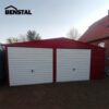 Doppelgarage aus Metall, rot, Giebel, Schwingtor, weiß