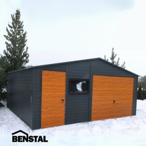 Metallgarage, Satteldach, Anthrazit, Tor, Holzoptik, Goldeiche