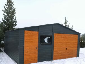 Metallgarage, Satteldach, Anthrazit, Tor, Holzoptik, Goldeiche