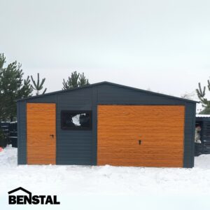 Metallgarage, Satteldach, Anthrazit, Tor, Holzoptik, Goldeiche