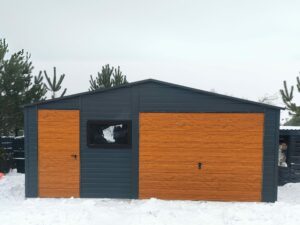 Metallgarage, Satteldach, Anthrazit, Tor, Holzoptik, Goldeiche