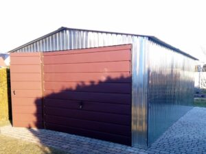 Stahlgiebelgarage, Einzelgarage, verzinkt, Tor, Tür, braun