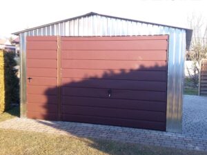 Stahlgiebelgarage, Einzelgarage, verzinkt, Tor, Tür, braun