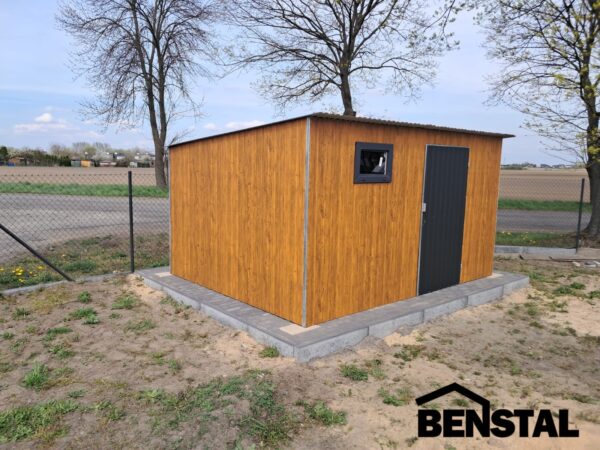 Blechgarage-Gartenhaus-holzaehnliche-goldene-Eiche-nach-hinten-geneigt